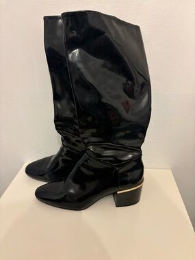 Zara Black Patent Mid-Calf Block Heel Boots